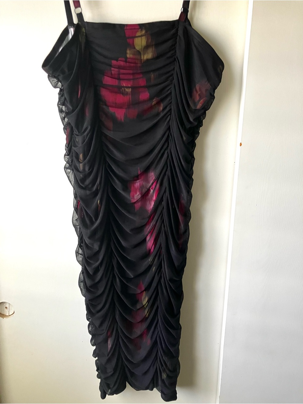 Torrid Black Floral Ruched Midi Dress with Pink Accents -Super flattering!!! - Picture 6 of 12